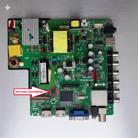 25Q32BVSIG SPI flash chip closeup on CV59SH-A39 board showing pin 1 orientation and SOIC8 clip connection point