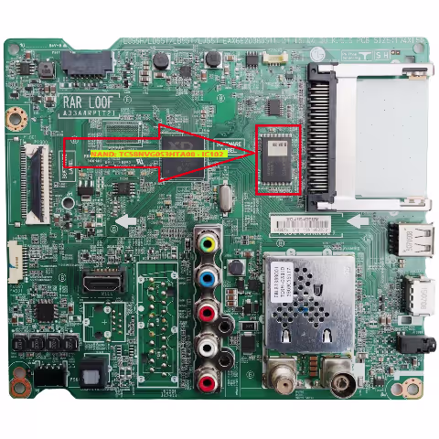 TC58NVG0S3HTA00 NAND Flash IC102 close-up on EAX66203805(1.2) mainboard showing chip markings and solder points