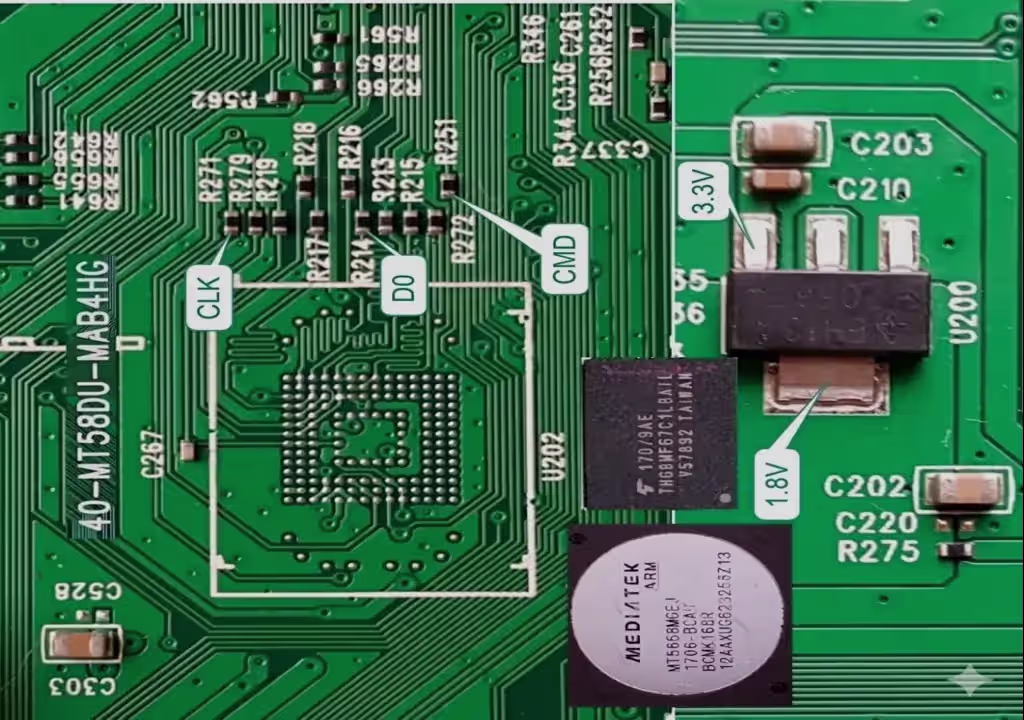 Verified RT809H ISP Pinout Diagram for 40-MT58CU-MAD4HG eMMC flashing