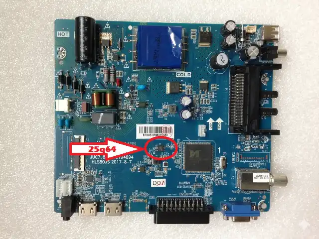 25Q64 SPI flash chip location on JUC7.820.00194894 mainboard highlighted for identification