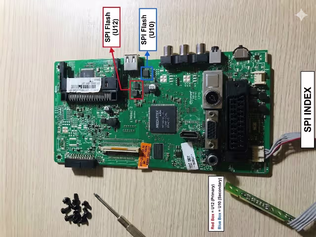 SPI Flash 25Q16 and 25Q64 pinout diagram for RT809H connection showing VCC, GND, MISO, MOSI, SCK, CS pins