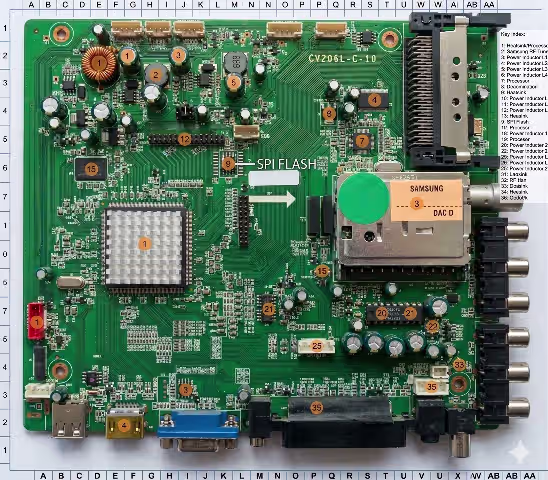 MX25L6405 SPI flash memory chip location on CV206L-C-10 main board with pin 1 indicator