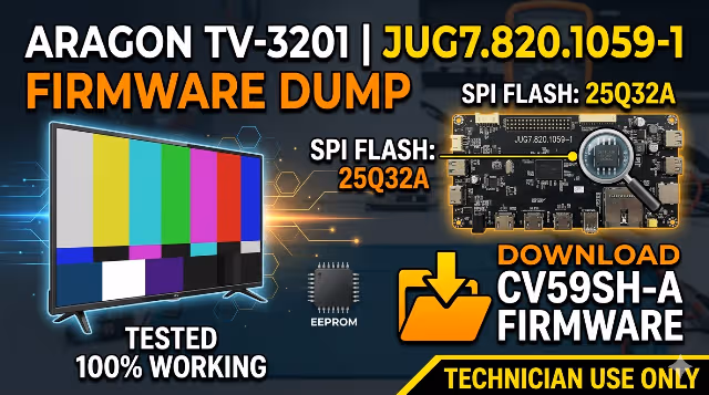 Download CV59SH-A firmware dump for Aragon TV-3201 LED TV. Main Board JUG7.820.1059-1, SPI Flash 25Q32A. Tested 100% working. For technician use only.